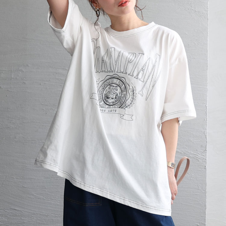 大きいサイズ レディース トップス Tシャツ カットソー ロゴ 5分袖 半袖 ロング 刺繍 ステッチ 伸縮 春コーデ 春 夏 LL 2L 3L 4L  5L オフホワイト 白 スミクロ