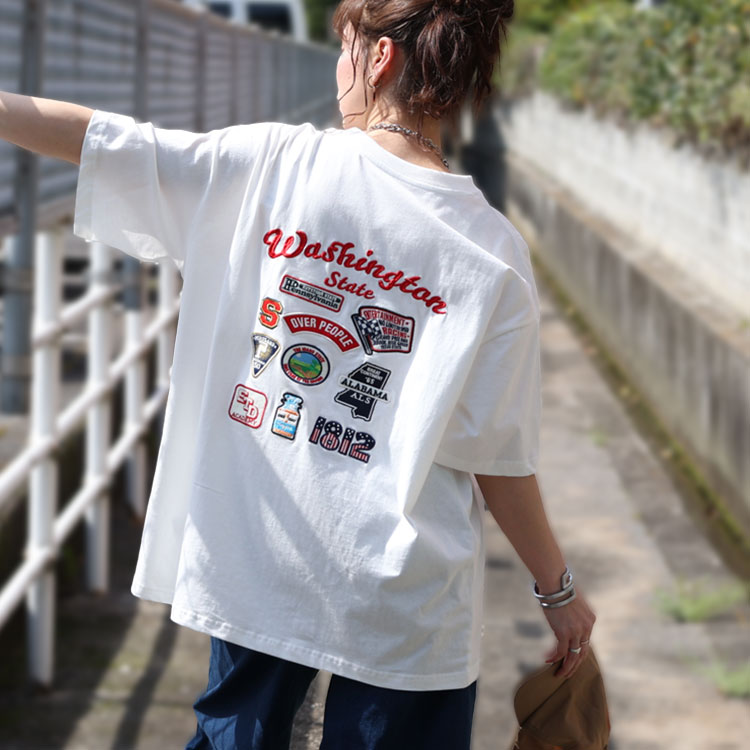 大きいサイズ レディース トップス Tシャツ ロゴ 5分袖 半袖 刺繍 ワッペン 伸縮 春コーデ 春 夏 LL 2L 3L 4L 5L オフホワイト  白 スミクロ ゴールドジャパン