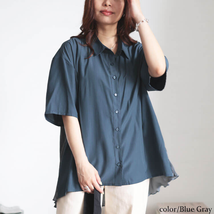 大きいサイズ レディース トップス シャツ ブラウス 5分袖 プリーツ 切り替え ストレッチ 伸縮 春コーデ 春 夏 秋 LL 2L 3L 4L 5L ブラック 黒 ブルーグレー GOLDJAPAN 大きいサイズ レディース トップス シャツ ブラウス 5