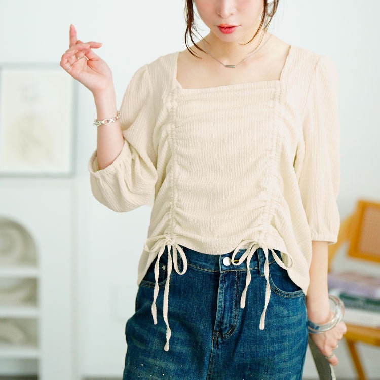 大きいサイズ レディース トップス ショート スクエアネック 半袖 シャーリング 絞り 無地 春コーデ 夏 秋 LL 2L 3L 4L 5L ブラック 黒 ブルー オフホワイト GOLDJAPAN 大きいサイズ レディース トップス ショート スクエア