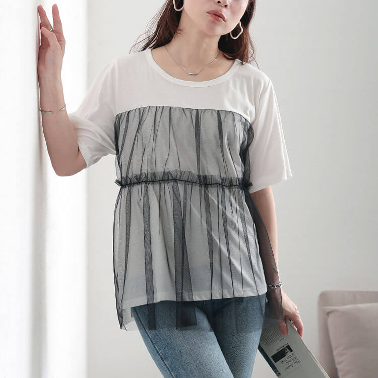 大きいサイズ レディース トップス Tシャツ カットソー 半袖 チュール レイヤード ストレッチ 夏コーデ 夏 春 秋 LL 2L 3L 4L 5L ブラック 黒 グリーン グレー GOLDJAPAN 大きいサイズ レディース トップス Tシャツ