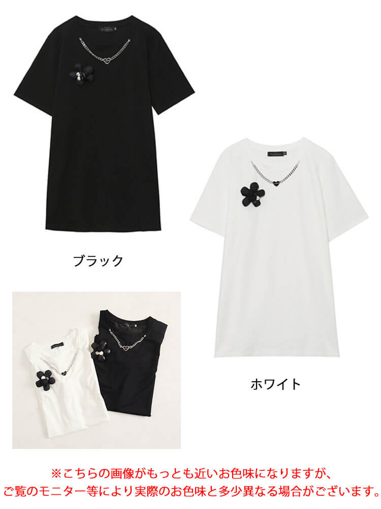 大きいサイズ レディース トップス Tシャツ アクセサリー付き半袖Ｔシャツ 夏新作 春服 夏服 秋服 LL 2L 3L 4L 5L 6L ホワイト 白  ブラック 黒 ゴールドジャパン