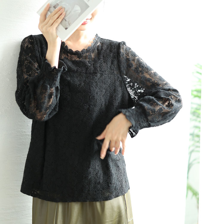 大きいサイズ レディース トップス ブラウス 総レース 長袖 裏地 ボタン 花柄 通勤 秋コーデ 冬 春 LL 2L 3L 4L 5L ブラック オフホワイト ゴールドジャパン | GOLDJAPAN | 01