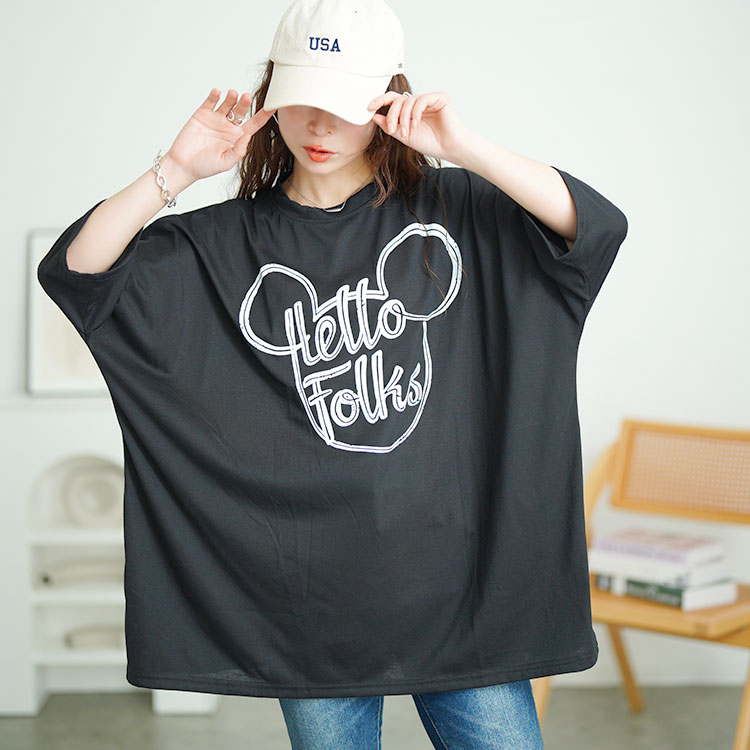 大きいサイズ レディース トップス Tシャツ 五分袖 オーバーサイズ ロゴ ユニセックス ルーム 春コーデ 夏 秋 F フリー LL 2L 3L 4L ブラック モカ パープル | GOLDJAPAN | 01