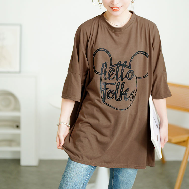 大きいサイズ レディース トップス Tシャツ 五分袖 オーバーサイズ ロゴ ユニセックス ルーム 春コーデ 夏 秋 F フリー LL 2L 3L 4L ブラック モカ パープル | GOLDJAPAN | 03