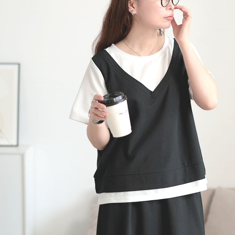 フェイクレイヤードTシャツ＆スウェットスカートセット