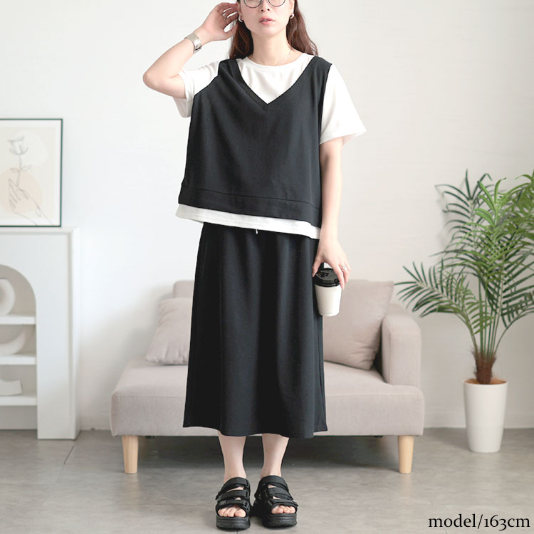 フェイクレイヤードTシャツ＆スウェットスカートセット