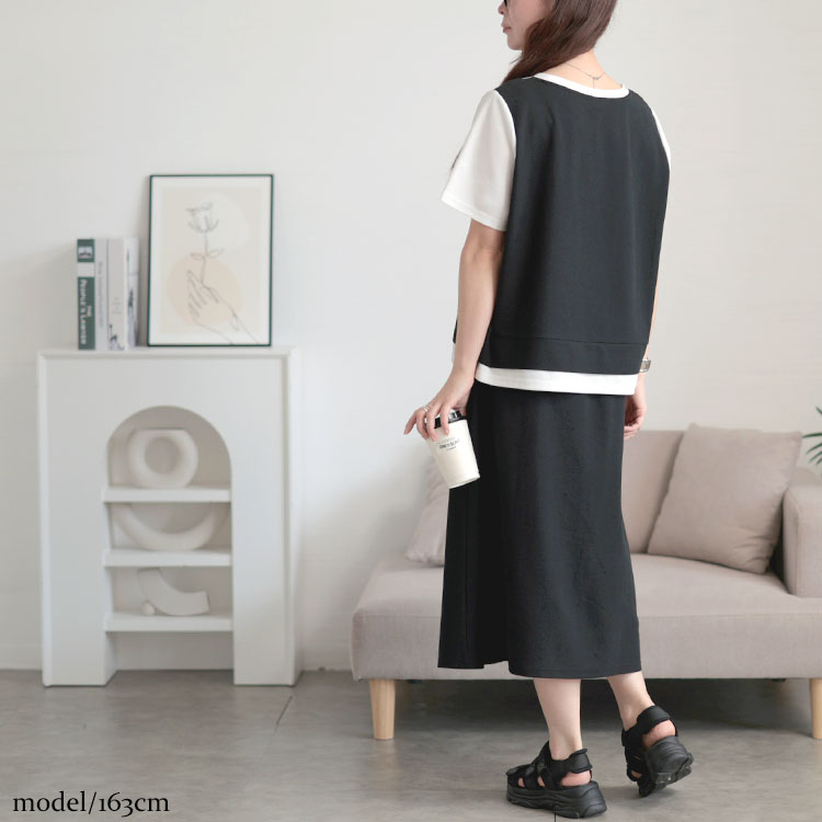 フェイクレイヤードTシャツ＆スウェットスカートセット