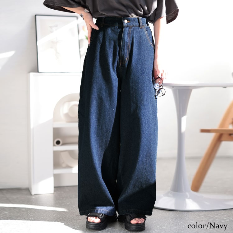 大きいサイズ レディース ボトムス パンツ ズボン ロング ワイド デニム ポケット ウエストゴム 冬コーデ 冬 秋 春 夏 LL 2L 3L 4L 5L ネイビー ライトブルー | GOLDJAPAN | 01