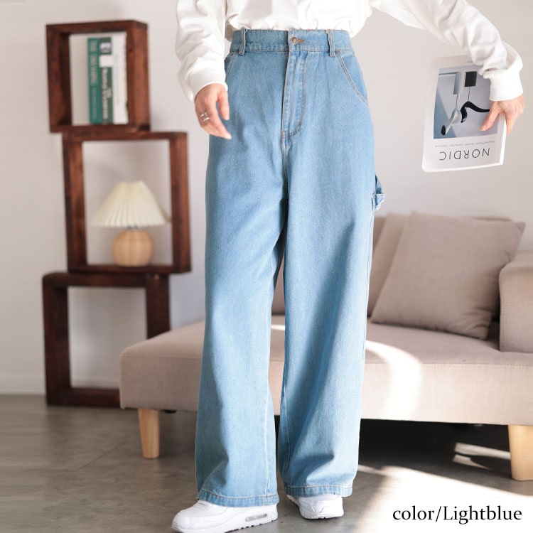 大きいサイズ レディース ボトムス パンツ ズボン ロング ワイド デニム ポケット ウエストゴム 冬コーデ 冬 秋 春 夏 LL 2L 3L 4L 5L ネイビー ライトブルー | GOLDJAPAN | 02