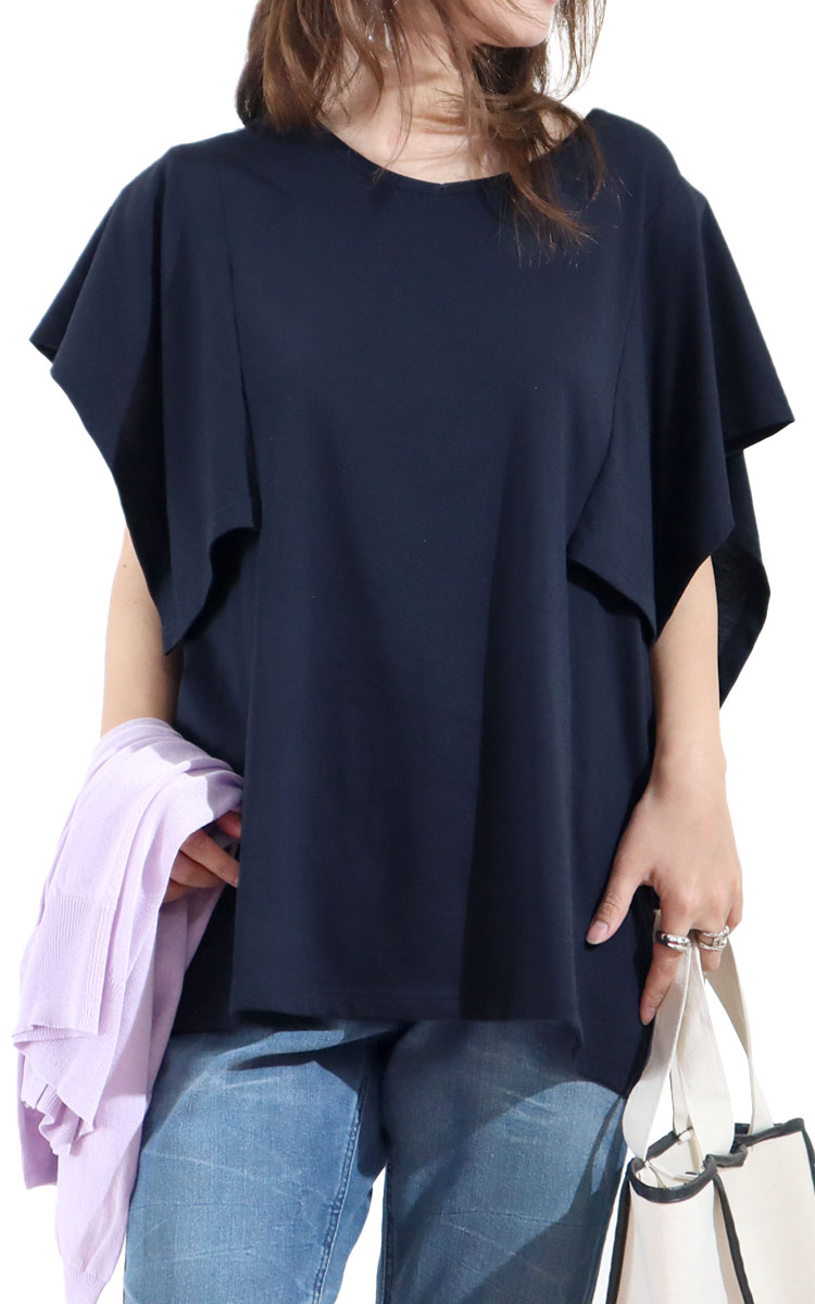 大きいサイズ レディース トップス Tシャツ カットソー 接触冷感フレア袖カットソー Vネック 春服 夏服 LL 2L 3L 4L 5L オフホワイト ネイビー ブラック｜gold-japan｜03