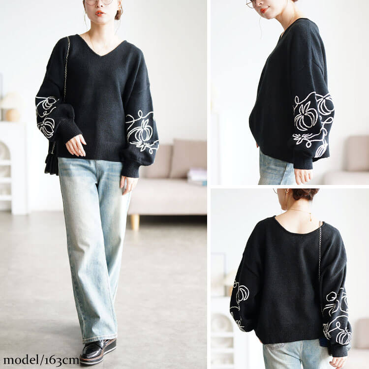 冬新作 大きいサイズ レディース トップス ニット 刺繍ボリュームスリーブクロップドニット Vネックニット 長袖 Vネック 刺繍 ボリュームスリーブ クロップド丈 ドロップショルダー バルーン 秋服 冬服 春服 LL 2L 3L 4L 5L ブラック 黒 杢グレー ネイビー ゴールドジャパン GOLDJAPAN（ゴールドジャパン） 大きいサイズ レディース トップス