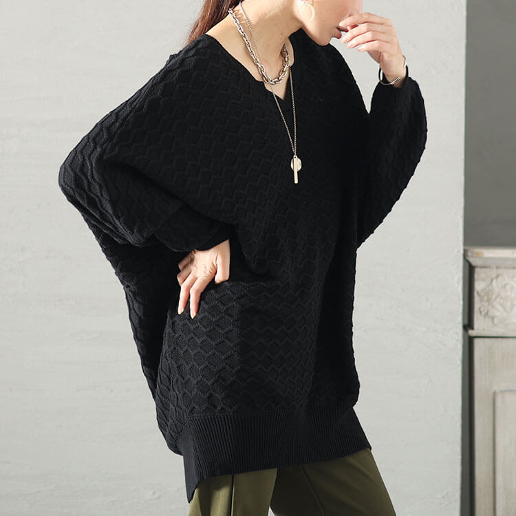 ハニカム編みキーネックドルマンニットチュニック