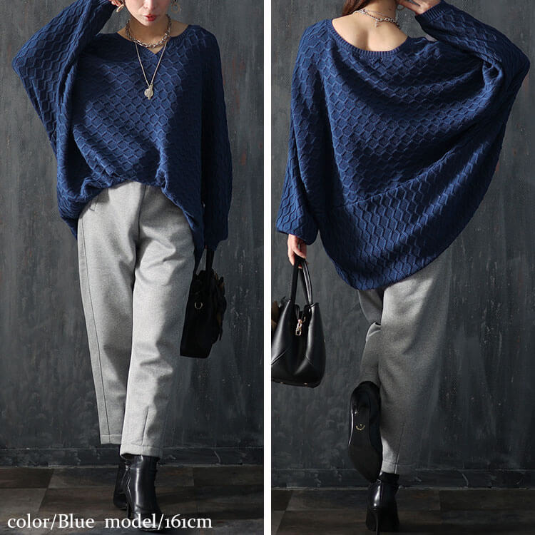 ハニカム編みキーネックドルマンニットチュニック