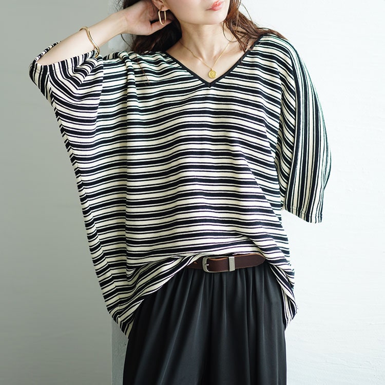 大きいサイズ レディース トップス ニット ニットソー 半袖 ドルマン ボーダー 柄 Vネック 夏コーデ 夏 春 秋 LL 2L 3L 4L 5L ブラック 黒 ゴールドジャパン GOLDJAPAN 大きいサイズ レディース トップス ニット ニットソー