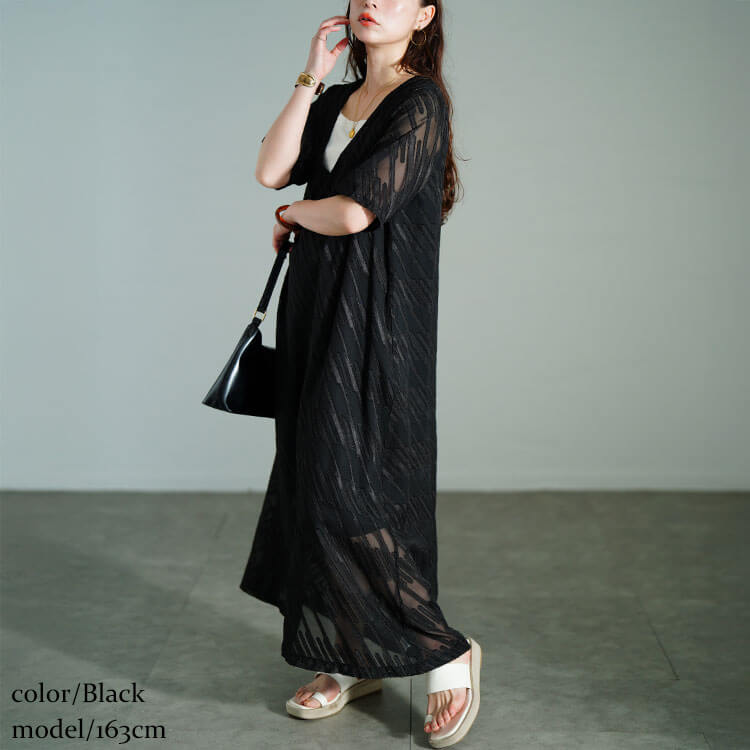 ゴールド×ブラック◆スパンコールロングドレス◆シアー袖×Vネッ死◆ゆったり GOLDJAPAN（ゴールドジャパン） 大きいサイズ レディース ワンピース