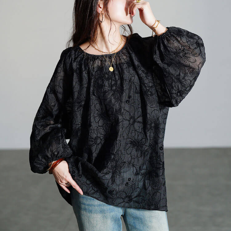 180 レディース 大きいサイズ トップス ブラウス 花柄 刺繍 黒 5L 4L GOLDJAPAN（ゴールドジャパン） 大きいサイズ レディース トップス