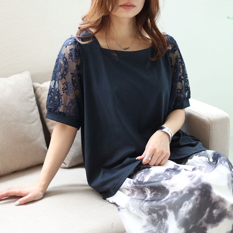 大きいサイズ レディース トップス Tシャツ 半袖 レース袖 シアー 花刺繍 スクエアネック 春コーデ 春 夏 秋 LL 2L 3L 4L 5L  アイボリー ネイビー ブラック 黒