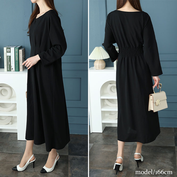 パール付きネックウエストタックワンピース