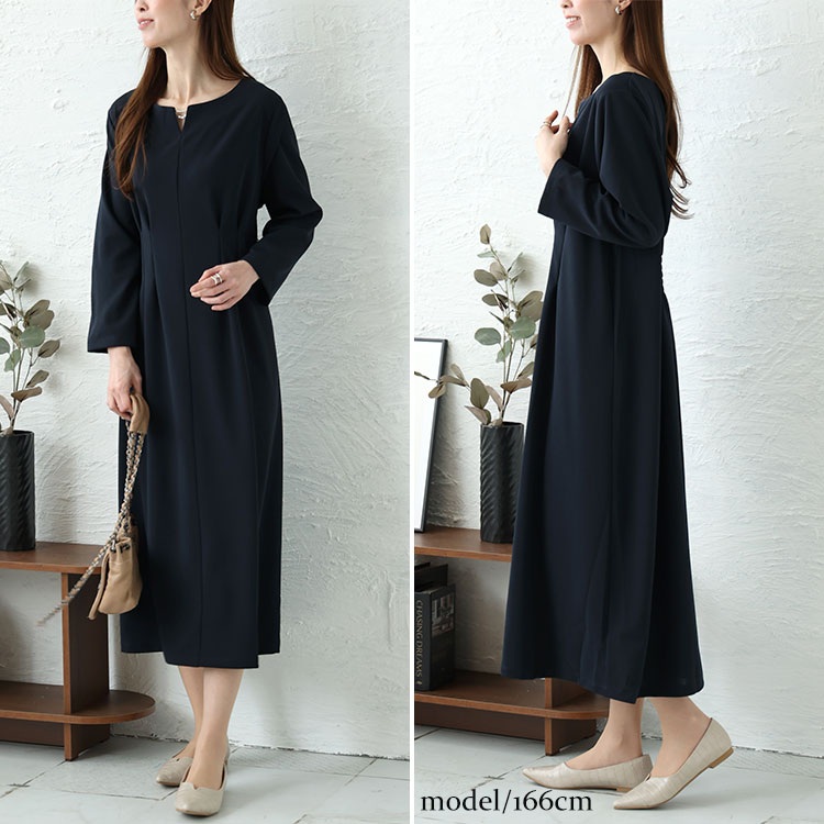 パール付きネックウエストタックワンピース