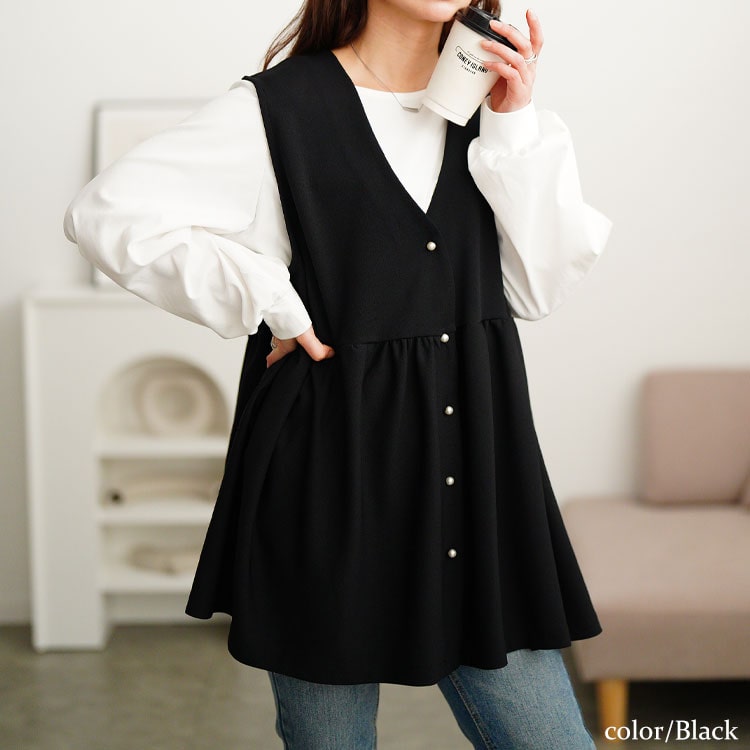 大きいサイズ レディース ジャケット ベスト ジレ ペプラム Vネック パール ストレッチ フォーマ...