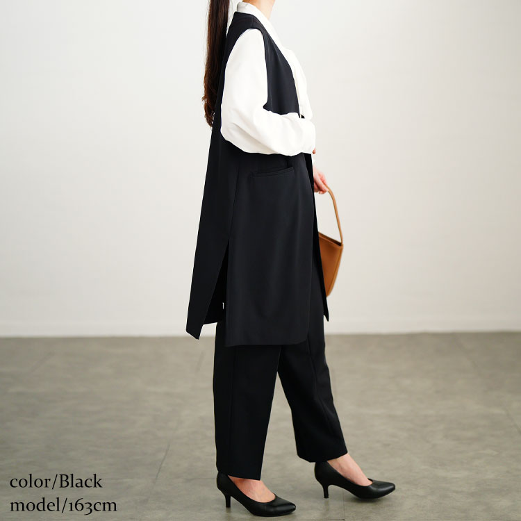 ロングベスト＆ボウタイブラウス＆テーパードパンツスーツ3点セット