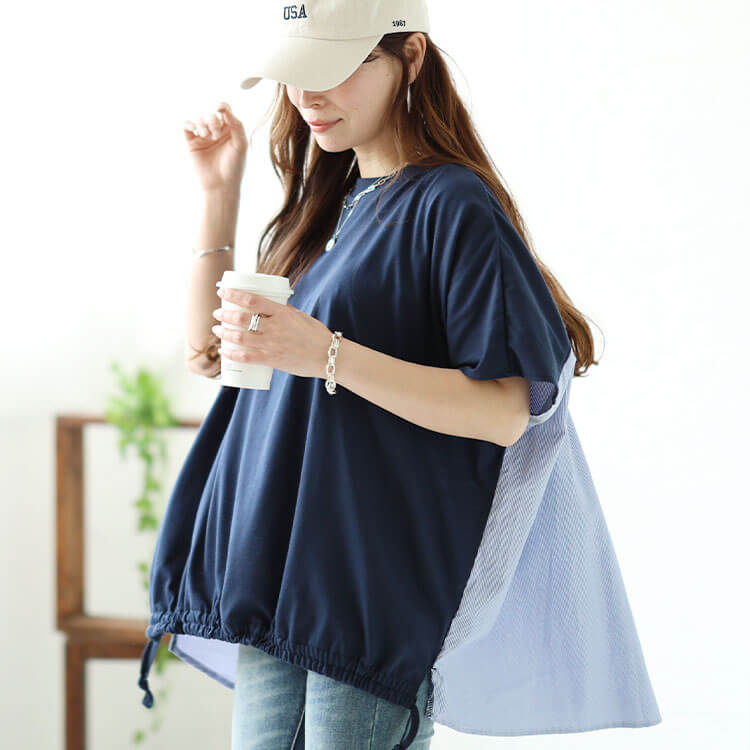 ＊タマキニイメ＊カットソー ゆったり ワイド 半袖 ストライプ柄 ブルー系 半袖tops-特集_WP用EN-11-