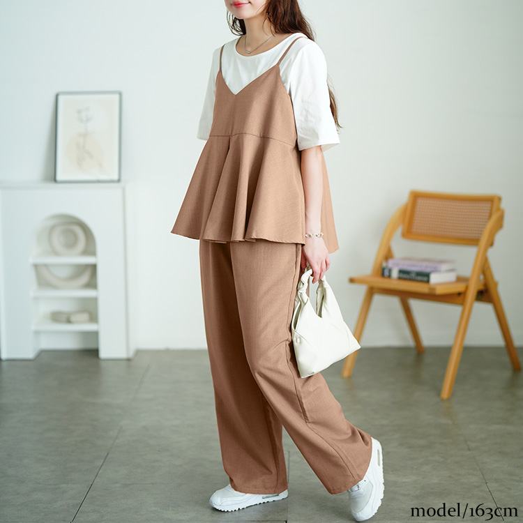 大きいサイズ レディース セットアップ 上下 キャミソール ペプラム パンツ ワイド ロング ウエストゴム 夏コーデ 夏 秋 春 LL 2L 3L 4L 5L モカ ブラック 爆買の画像