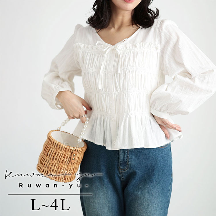 リボンネックシャーリングコットンブラウス