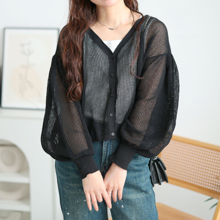 大きいサイズ レディース トップス カーディガン メッシュ ボリューム袖 長袖 ボタン 春コーデ 夏 秋 LL 2L 3L 4L 5L ブラック ブルーグレー ゴールドジャパン GOLDJAPAN 大きいサイズ レディース トップス カーディガン