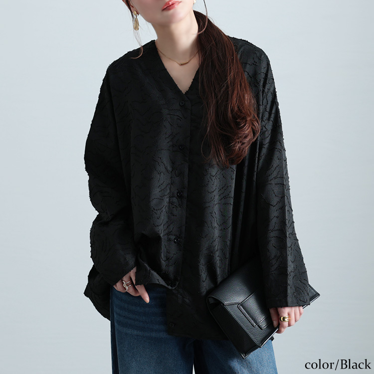 大きいサイズ レディース トップス ブラウス シャツ 長袖 花柄 ジャガード ボリュームスリーブ 冬コーデ 秋 春 LL 2L 3L 4L 5L ブラック 黒 ゴールドジャパン GOLDJAPAN 大きいサイズ レディース トップス シャツ ブラウス