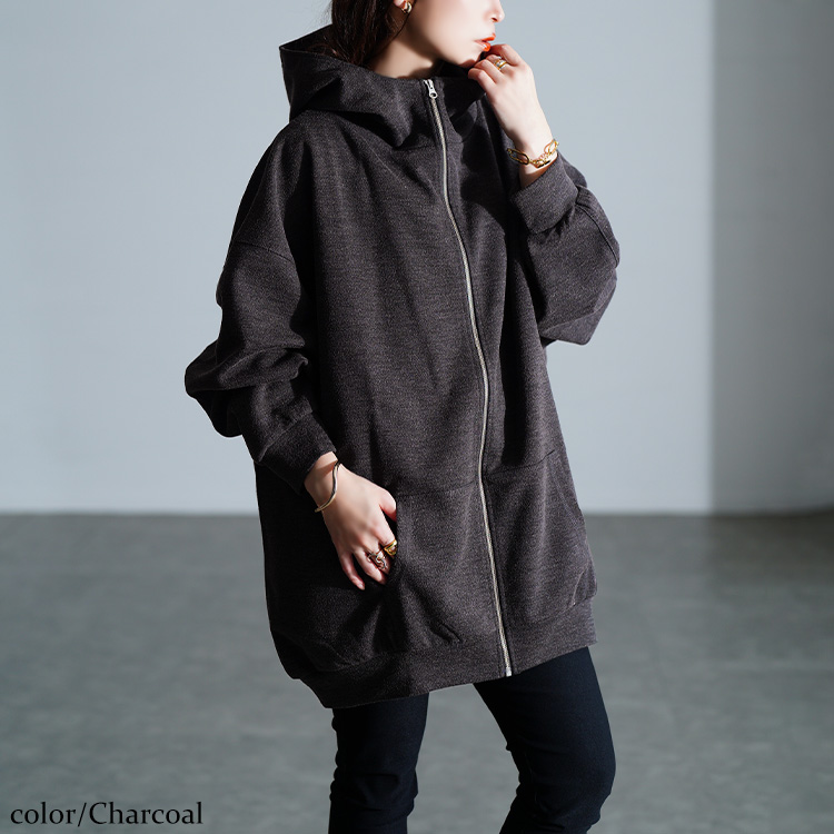 冬新作 大きいサイズ レディース トップス パーカー ビッグフードジップパーカー 羽織り フーディー 長袖 フード ジップ ロング ポケット 前開き ストレッチ オーバーサイズ 無地 ゆったり 秋服 冬服 春服 LL 2L 3L 4L 5L ブラック 黒 チャコール カーキ  ゴールドジャパン GOLDJAPAN（ゴールドジャパン） 大きいサイズ レディース トップス