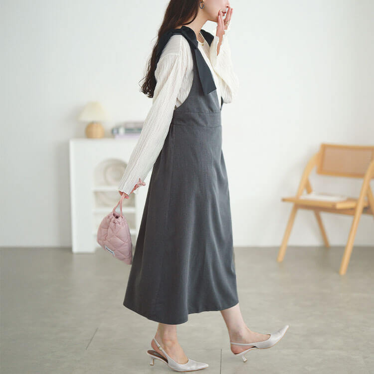 冬新作 大きいサイズ レディース ワンピース ジャンパースカート リボンショルダージャンパースカート ジャンスカ ロング ノースリーブ リボン Vネック シャーリング ウエストゴム ゆったり 秋服 冬服 春服 夏服 LL 2L 3L 4L 5L チャコール ブラック 黒 ゴールドジャパン GOLDJAPAN（ゴールドジャパン） 大きいサイズ レディース ワンピース