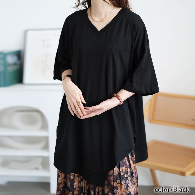 大きいサイズ レディース レディス トップス カットソー 五分袖 半袖 Vネック アシメヘム スリット 夏コーデ LL 2L 3L 4L 5L ブラック 黒 ホワイ イベントセール | GOLDJAPAN | 01
