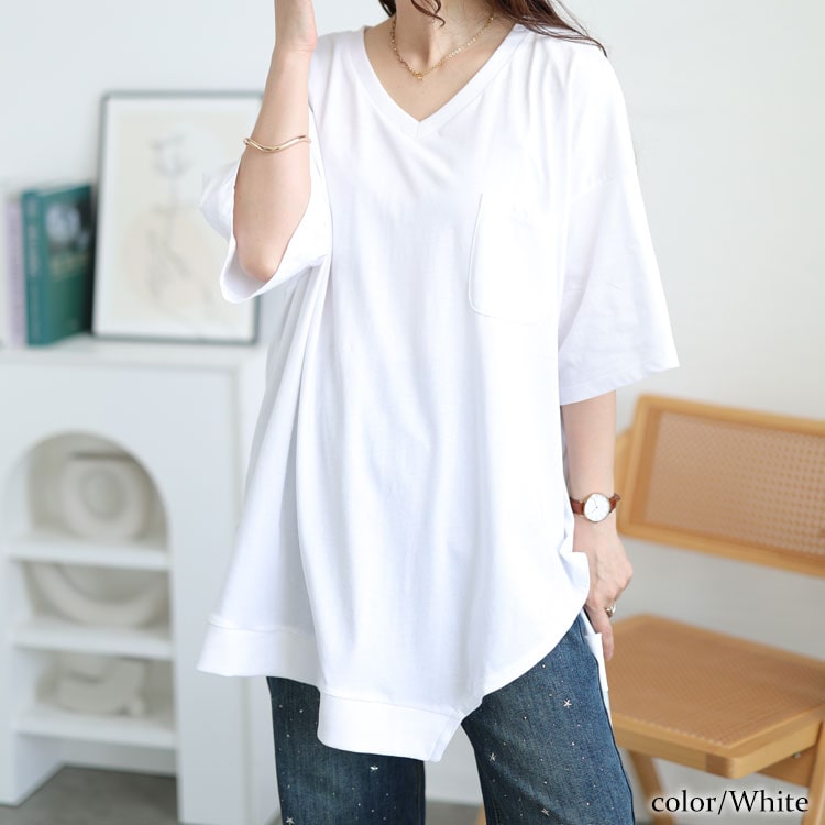大きいサイズ レディース レディス トップス カットソー 五分袖 半袖 Vネック アシメヘム スリット 夏コーデ LL 2L 3L 4L 5L ブラック 黒 ホワイ イベントセール | GOLDJAPAN | 02