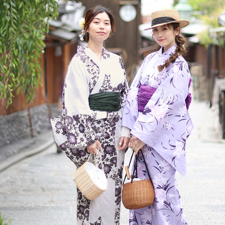 紫市松の蓮柄上下セパレート浴衣＆結び帯3点セット