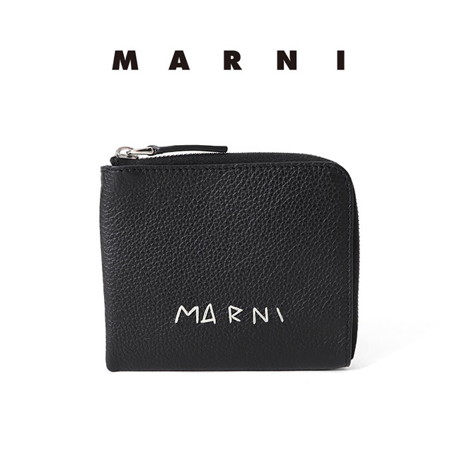 ✨極美品　現行✨　MARNI マルニ　折り財布　二つ折り　ロゴ　シボ革　ブラック ✨極美品 現行✨ MARNI マルニ 折り財布 二つ折り ロゴ シボ革