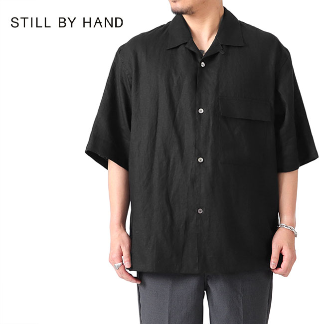 STILL BY HAND リネン ダブルポケット 半袖シャツ　ブラック STILL BY HAND（スティルバイハンド） ダブルポケット レギュラー