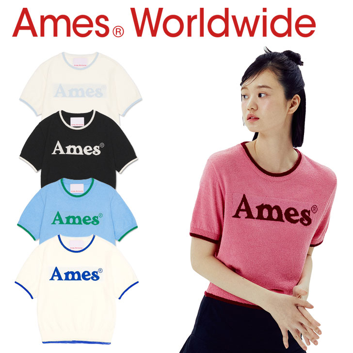 アメス 半袖Tシャツ Ames Worldwide 正規販売店 レディース BASIC LOGO KNIT ベーシック ロゴ ニット 全5色 AM2DMFK602ABK/IV/PK/BL/CR ウェア｜goldtail2020