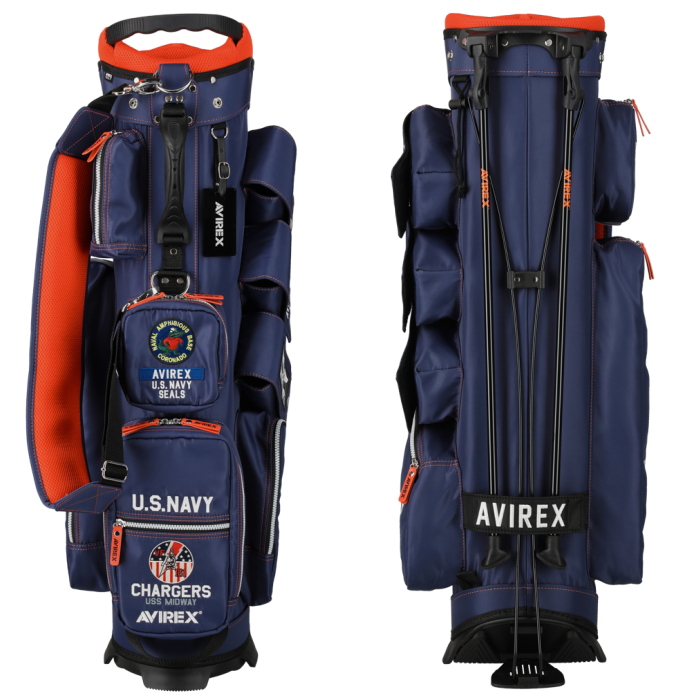AVIREXゴルフキャディバッグ スタンド式クラブケース付 ネイビー/オレンジ Amazon | アヴィレックス ゴルフ AVIREX GOLF キャディバッグ