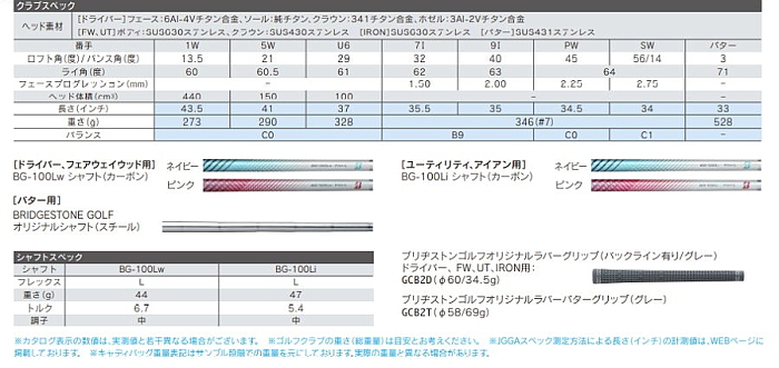 ブリヂストン レディース BG100L ゴルフセット クラブ8本(1W,5W,U6,I7