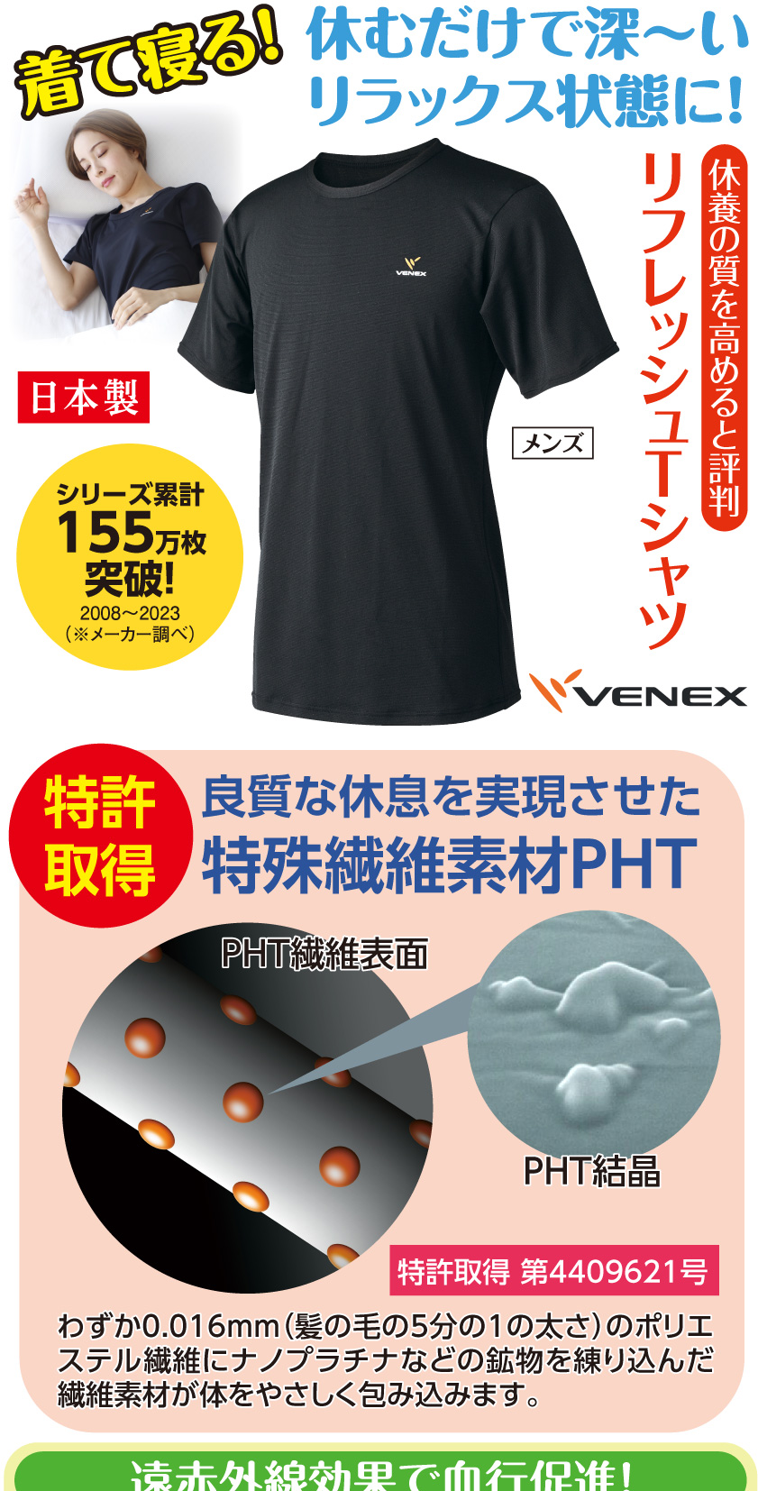 リカバリーウェア メンズ ベネクス VENEX Tシャツ 半袖 リフレッシュ 快眠 パジャマ 夏 インナー ボトムス 部屋着 疲労回復