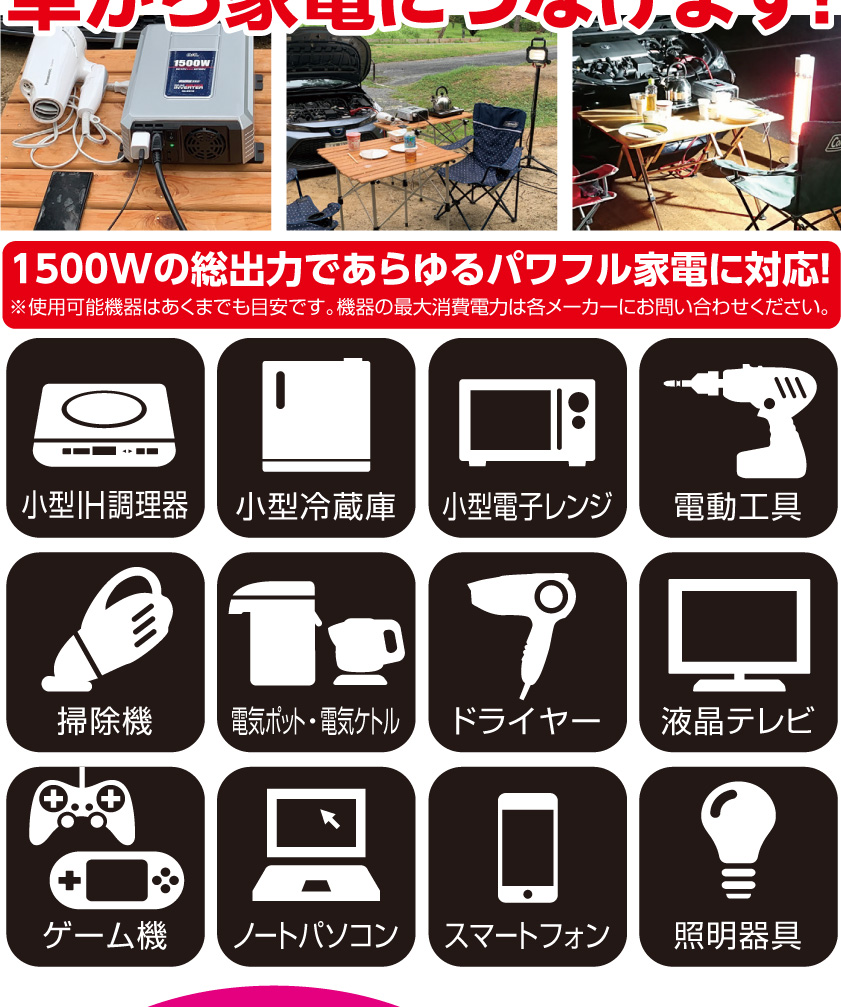 インバーター 発電機 12V車専用 正弦波 1500W バッテリー 変換器 家電 キャンプ レジャー 災害時 停電 避難所 畑仕事 農作業 園芸 便利  : 62070005 : ゴルクラ - 通販 - Yahoo!ショッピング