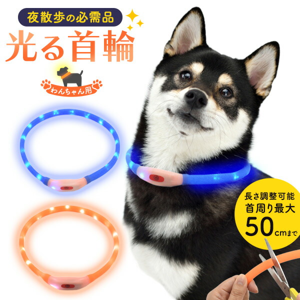 【新品 訳あり】LED犬用光る首輪 USB充電式 夜間安全 ブルー 1個 USB充電式 犬用 光る首輪 50cm わんちゃん ペット やわらかい シリコン