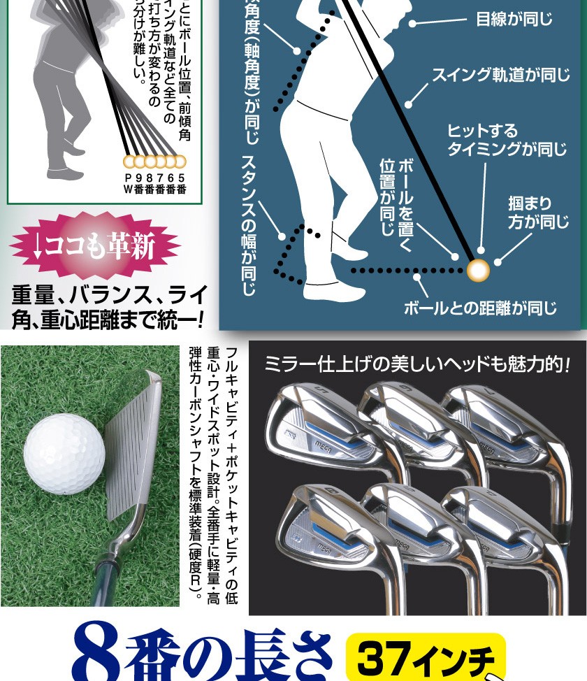 ワンレングスアイアン ゴルフクラブセット 6本 メンズ メガゴルフ イージースイング ルール適合 #5〜9番,PW MEGA GOLF