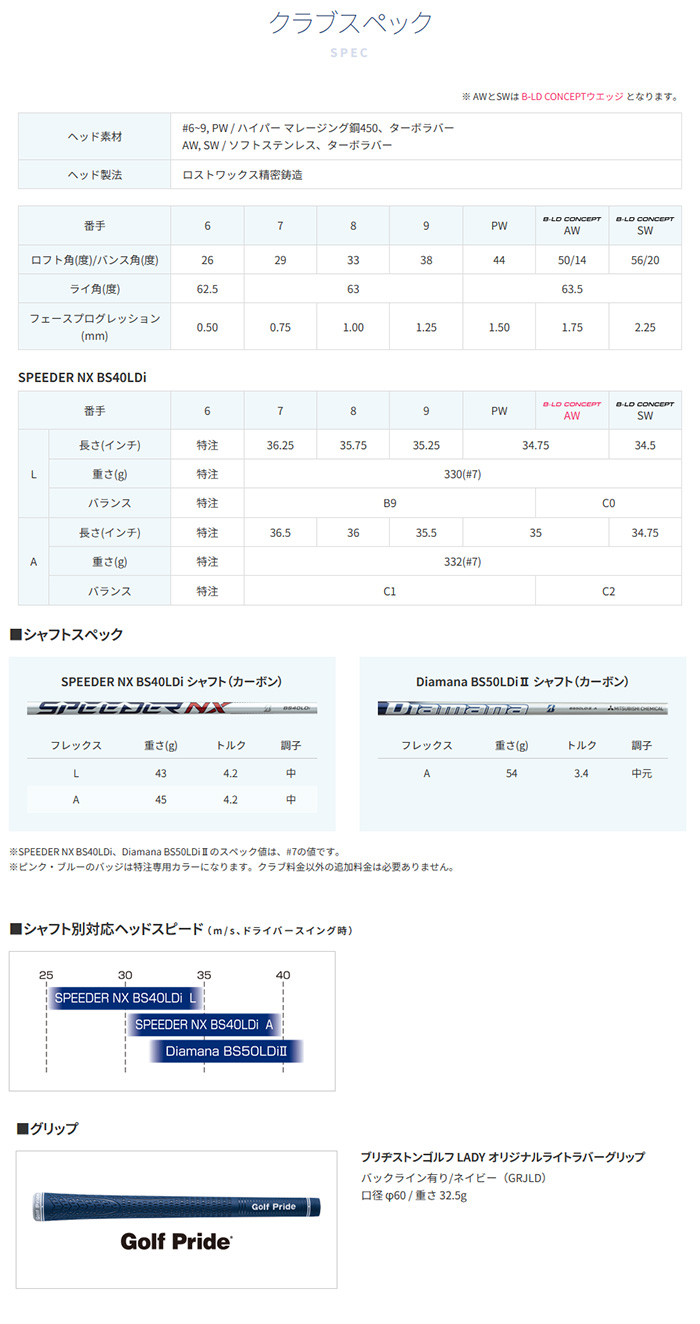 ゴルフクラブ カスタム ブリヂストン 24モデル B-LD アイアンDiamana BS50LD2 シャフト 特注 BS 24モデル Bシリーズ レディース｜golf-magazzino｜06