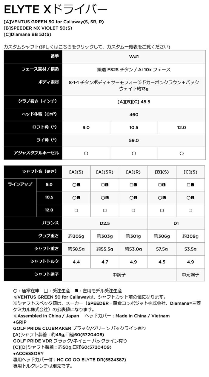 Callaway（キャロウェイ） カスタム ELYTE X ドライバー 24VENTUS BLUE