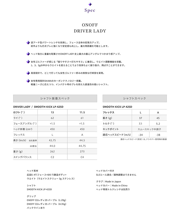 オノフ’25レディースドライバー 13° A メーカーオーダースペック　未使用 ONOFF カスタム 25モデル ドライバー レディー LP-425 特注