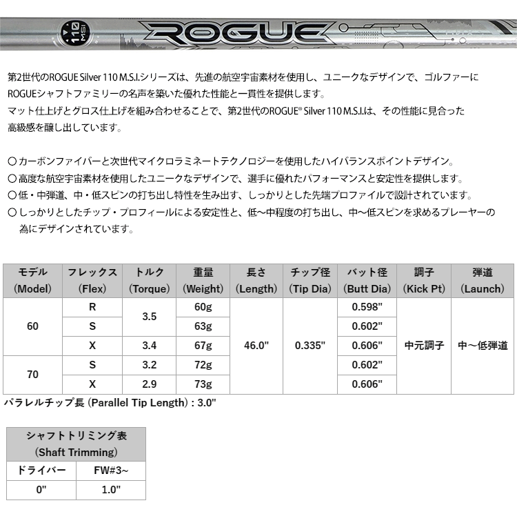 シャフト ドライバー用 アルディラ Rogue (ローグ) シルバー 110 M.S.I. (US仕様) : adl-rgsv21 : ゴルフハンズ  - 通販 - Yahoo!ショッピング