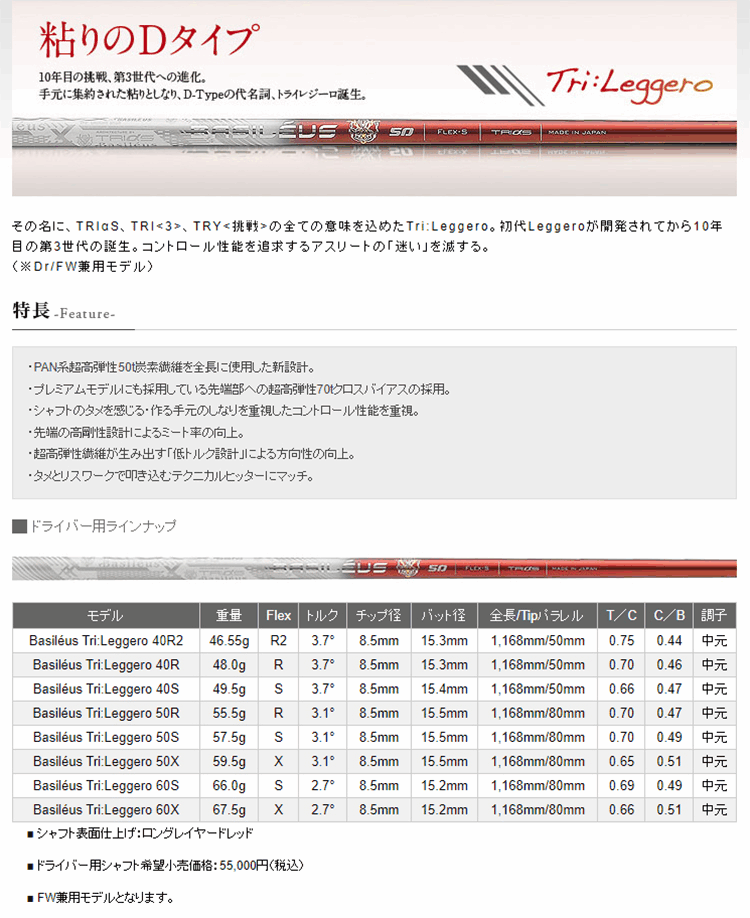 Basileus シャフト ドライバー用 バシレウス Tri:Leggero